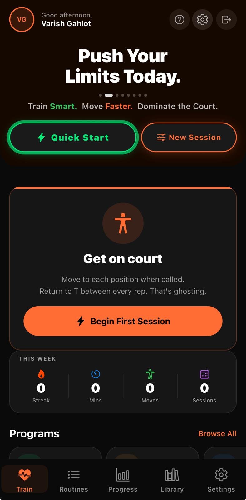 Squash GhostingX home screen showing training dashboard