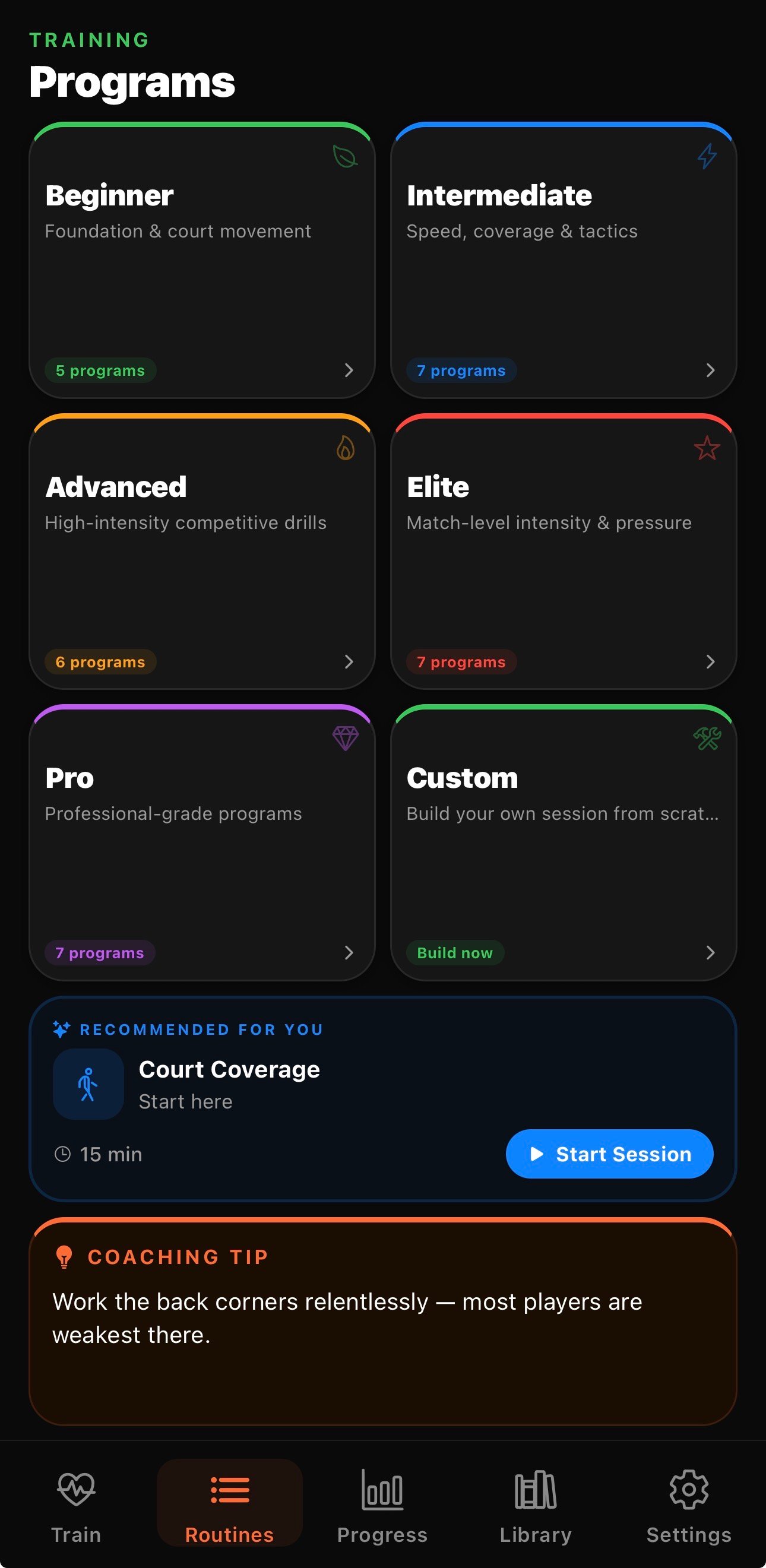 Training programs selection screen